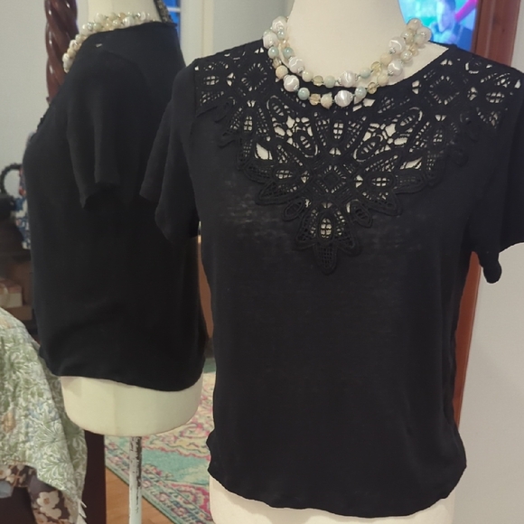 Anthropologie Tops - 💯 Linen Black Lace Women's Short Sleeve Top